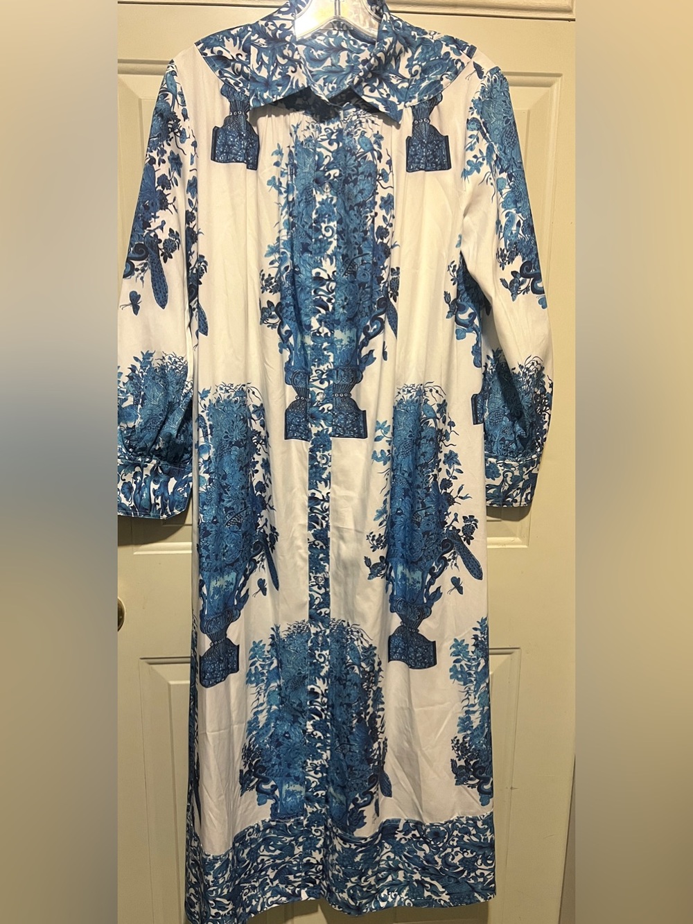 Blue Floral/ Vase design Shirt Dress/Duster-  M